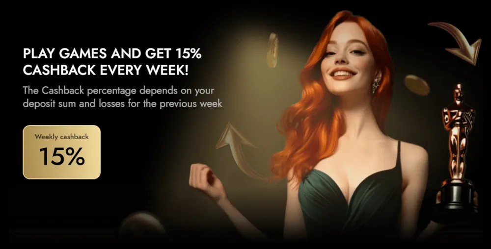 Bannière promotionnelle de cashback hebdomadaire de 15 % avec statue d'Oscar